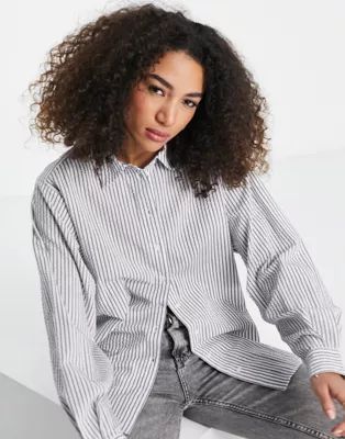 Topshop long sleeve relaxed stripe casual shirt in blue | ASOS (Global)