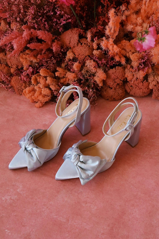 Suttonn Blue Satin Bow Ankle Strap Pointed-Toe Pumps | Lulus