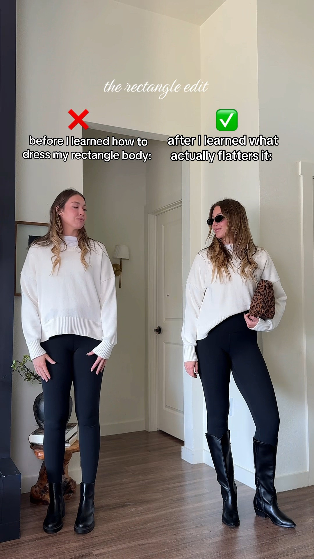 sweaters always look boxy on my rectangle body type..” ➡️ try simply tucking one side to create a diagonal line! Diagonal lines break up the straight across shape, give visual interest & define the waist. ♥️ tall black boots=legs for days! ankle boots=chopped at the ankle! 

If you’re looking for the perfect sweater for fall - this one is hands down my fave! I’m in a medium!