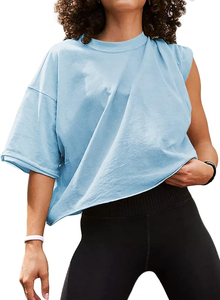 ELGOGY Women's Oversize Workout Crop Tops Short Sleeve Crewneck Drop Shoulder Boxy T Shirts Summe... | Amazon (US)