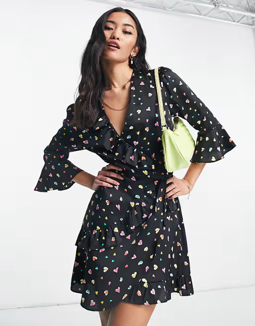 Miss Selfridge satin ruffle wrap fit and flare mini dress in heart print | ASOS (Global)