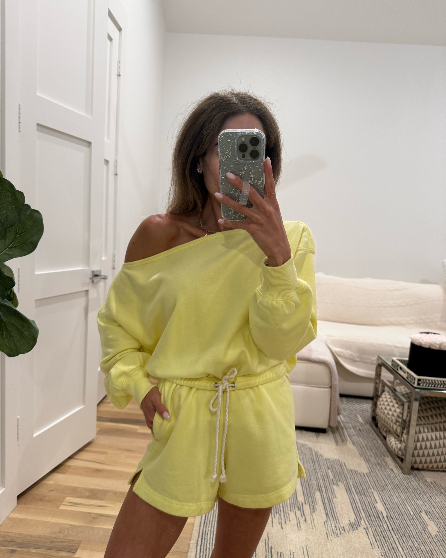 Found this yellow matching off shoulder sweatshirt with shorts on Sale! Wearing xxs