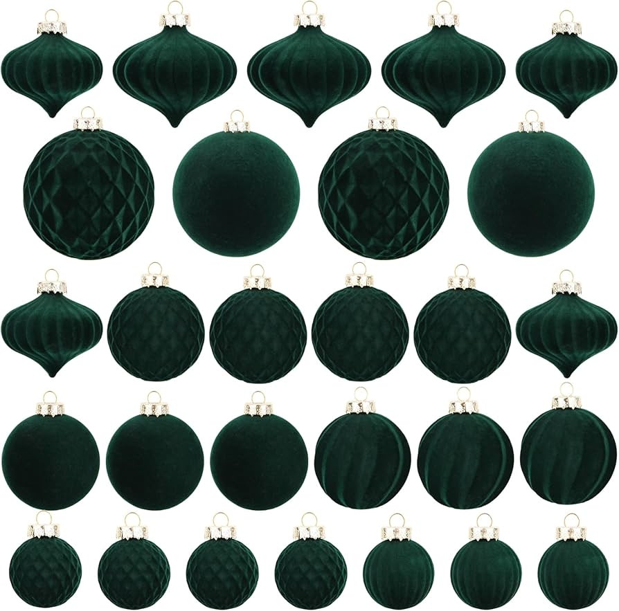 Christmas Tree Ornaments Green Velvet - Pack of 28pcs Flocked Xmas Balls Ornament Decorations Ass... | Amazon (US)