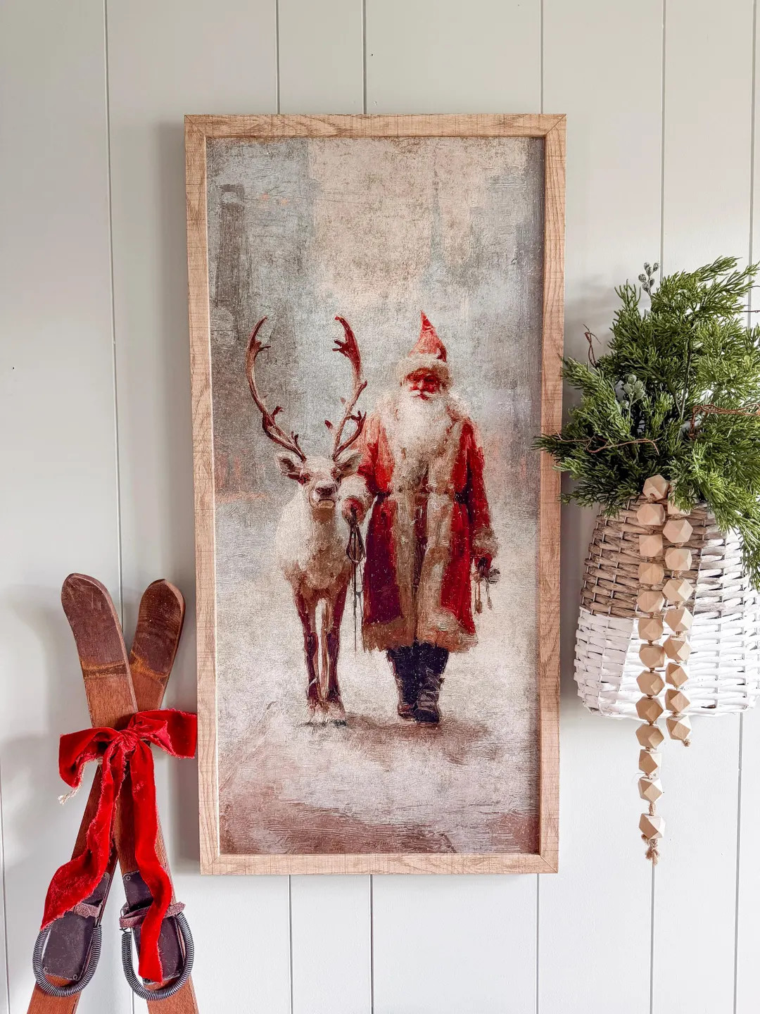Vintage Colorful Santa & Reindeer Art Print, Vintage Santa Framed Artwork, Handmade Farmhouse Chr... | Etsy (US)