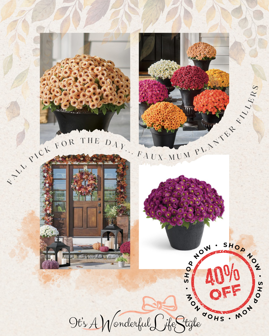 Fall Pick if the Day....

These Mum Urn Fillers look great in a planter and give an instant autumn feel. These fillers are vibrantly colored, each bloom with a sunny, yellow center, with a shape and texture that even your local gardener will appreciate. Best yet, you don’t have to wait for them to bloom; they’re ready for display when you are. No upkeep and they look just this beautiful all season, season after season. I love ours. I got it in the peach color and looks beautiful for the fall season! 

 #LTKSeasonal #LTKHome #LTKSaleAlert