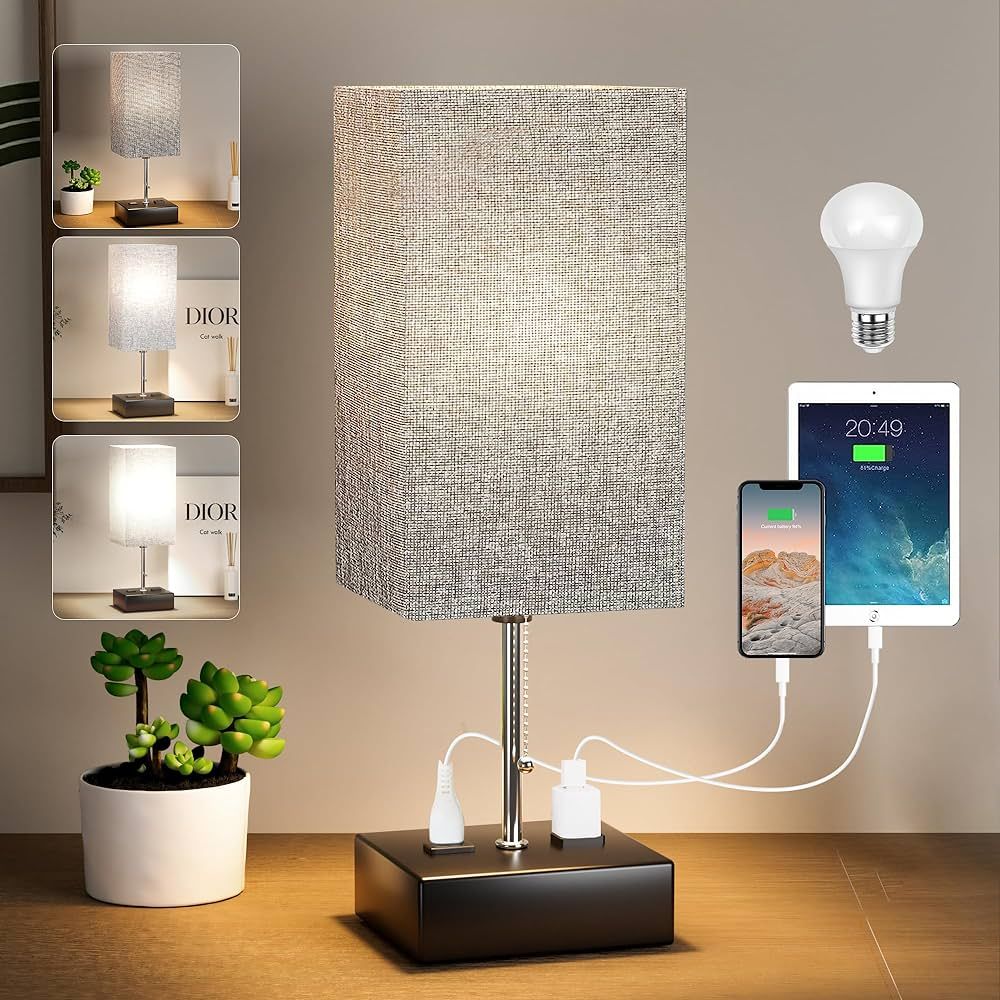WIHTU 3-Color Bedside Table Lamp with USB Port, AC Outlet, and Grey Shade for Bedrooms - Bulb Inc... | Amazon (US)