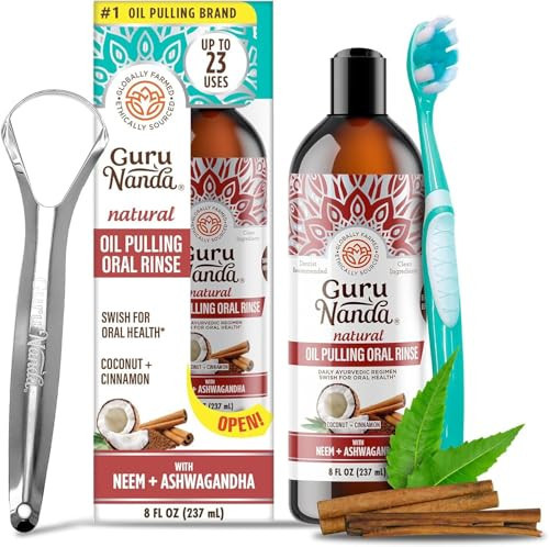 GuruNanda Ashwagandha Oil Pulling with Neem & Roman Chamomile, for Fresh Breath and Happy Gums, Alcohol & Flouride-Free Essential Oil Oral Rinse with Toothbrush & Tongue Scraper, 8 Oz | Amazon (US)