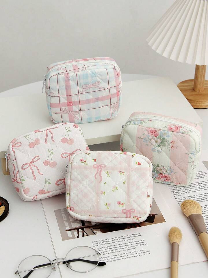 Cute Mini Bow Knot Patter Makeup Bag With Zipper Pouch Print Flower Pattern Storage Bag, Floral P... | SHEIN