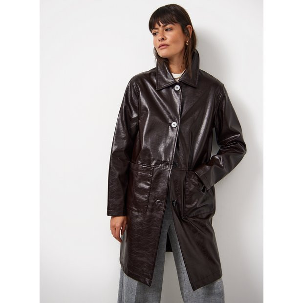 Brown Patent Faux Leather Coat L | Tu Clothing