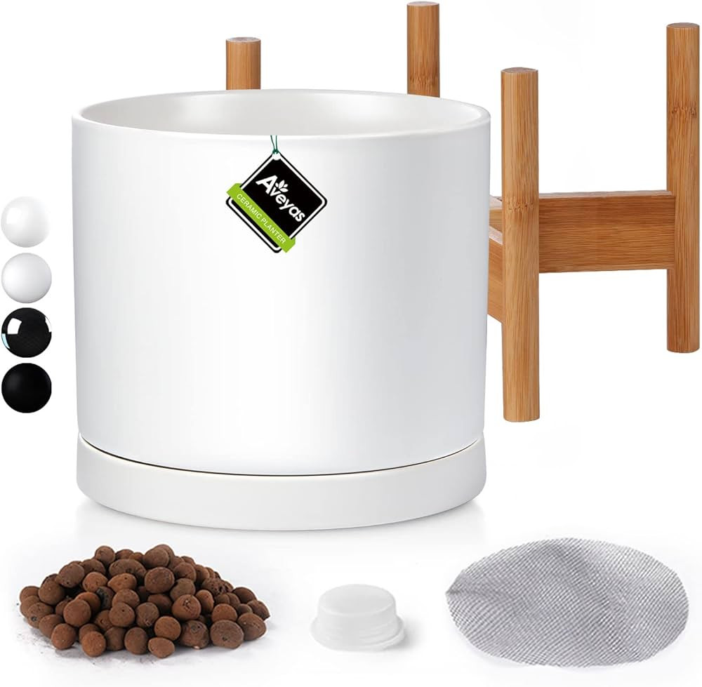 Aveyas 8 inch Ceramic Planter Pot with Drainage Hole & Saucer, Glazed Mid Century Modern Cylinder... | Amazon (US)