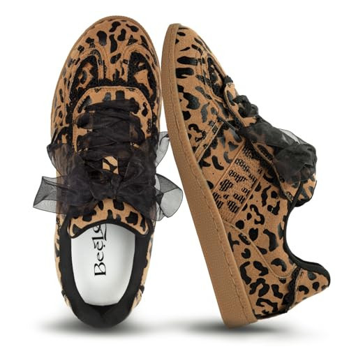 BeeLg Casual Sneakers for Women Lace Detail – Elegant Ribbon Lace-Up Fashion Sneakers with Leather Upper Memory Foam Insole and Slip On Trendy Casual Shoes for Women Leopard Print | Amazon (US)