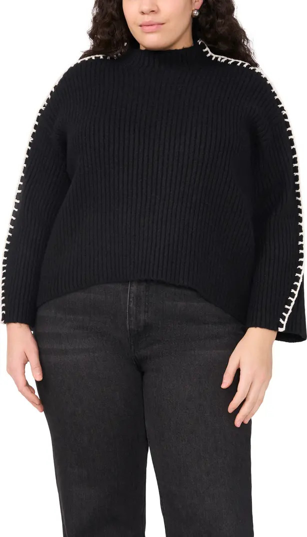 Halogen® Blanket Stitch Accent Funnel Neck Rib Sweater | Nordstrom | Nordstrom