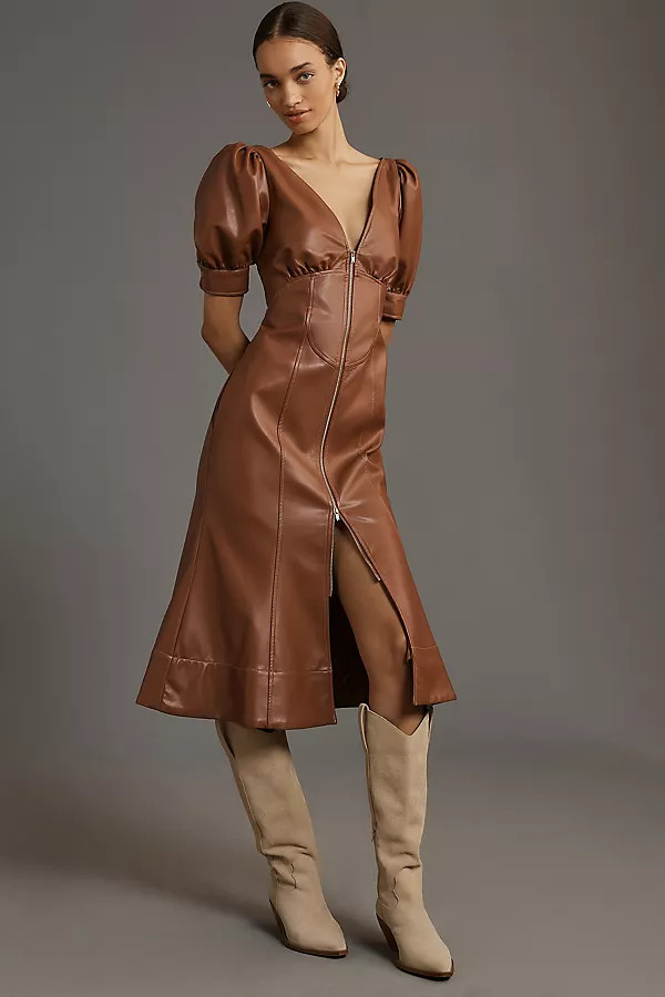 By Anthropologie Faux-Leather Puff-Sleeve Zip-Front Midi Dress | Anthropologie (US)