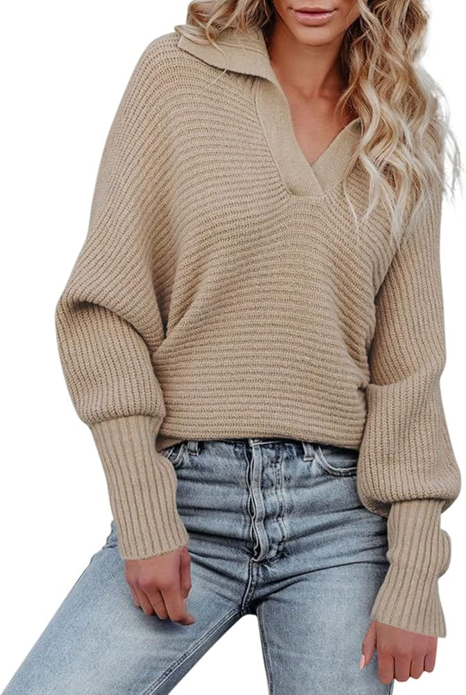 Sweaters for Women Long Sleeve Tops Lapel Knit Shirt Pullover Jumper Casual Warm Comfortable Top | Amazon (US)