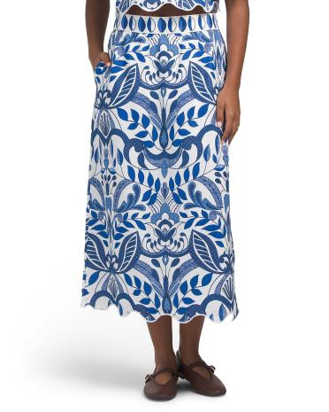 Linen Blend Printed Scalloped Hem Straight Midi Skirt | TJ Maxx