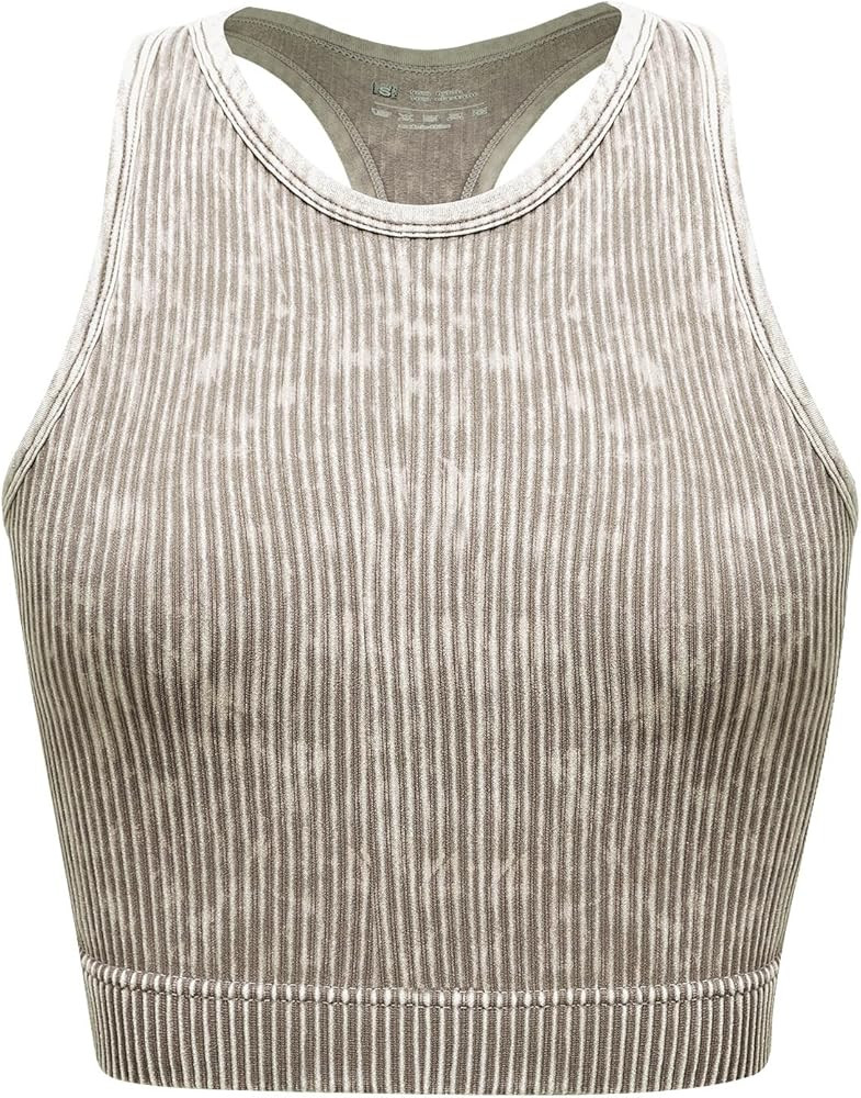 Women's Seamless Ribbed Workout Crop Tank Top,Slim Fit Short Scoop Neck Racerback Tank Tops,Sport... | Amazon (US)