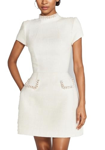 LETSVDO Women's Tweed Mini Dress Short Sleeve Mock Neck Pearl A Line Elegant Formal Prom Party Short Dresses White | Amazon (US)