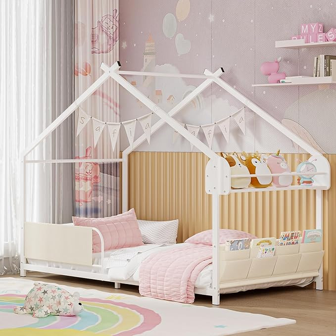 Timy House Shape Twin Size Montessori House Bed Metal Floor Bed with Storage Rack and Caddy Twin ... | Amazon (US)