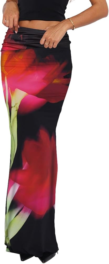 Bodycon Maxi Skirts for Women, Foldover High Waist Floral Leopard Cheetah Print Sexy Club Long Y2... | Amazon (US)