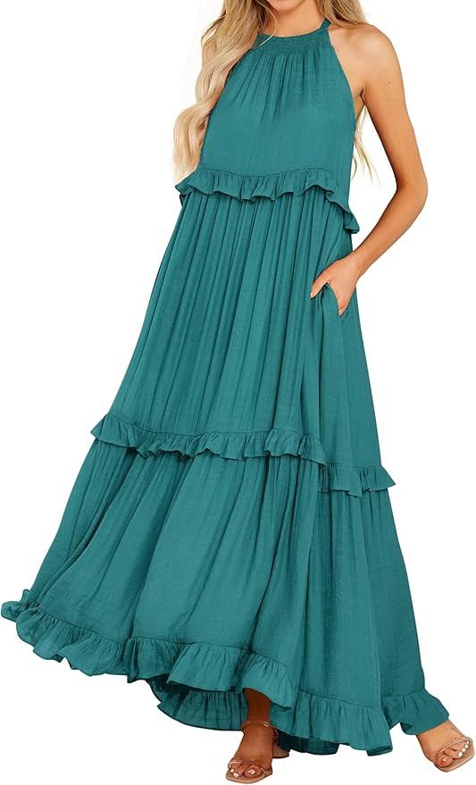 R.Vivimos Womens Summer Dress Cotton Sleeveless Halter Layered Ruffles Casual Boho Flowy Maxi Dre... | Amazon (US)