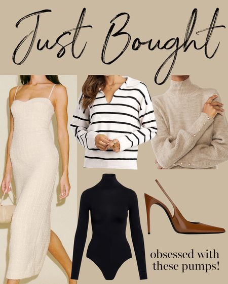 Kat Jamieson shares items she just bought. Midi dress, cocktail dress, bodysuit turtleneck, stripe sweater, pearl turtleneck, Amazon, Walmart, pumps, classic style, affordable fashion. #LTKunder50

#LTKshoecrush #LTKSeasonal