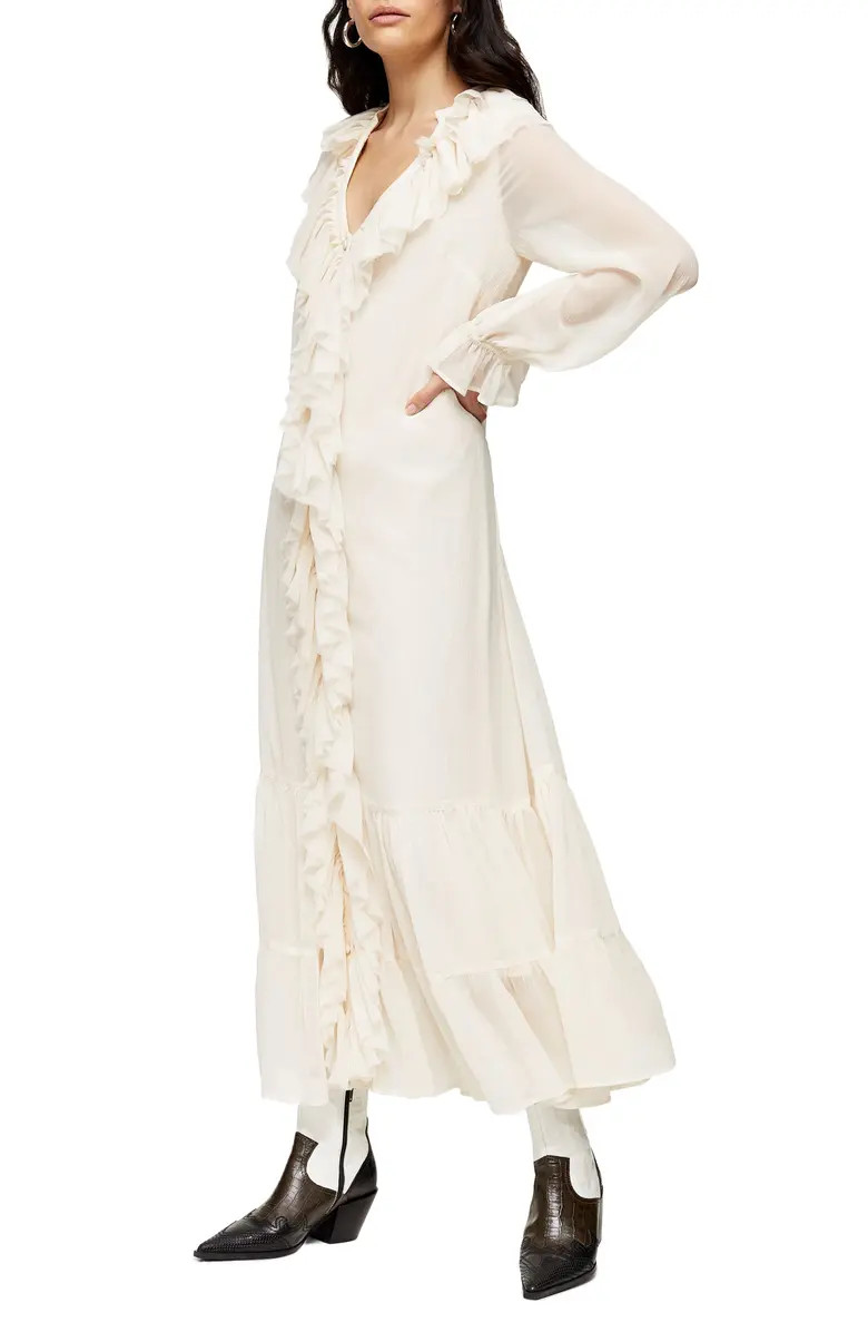 Frill Chiffon Long Sleeve Midi Dress | Nordstrom