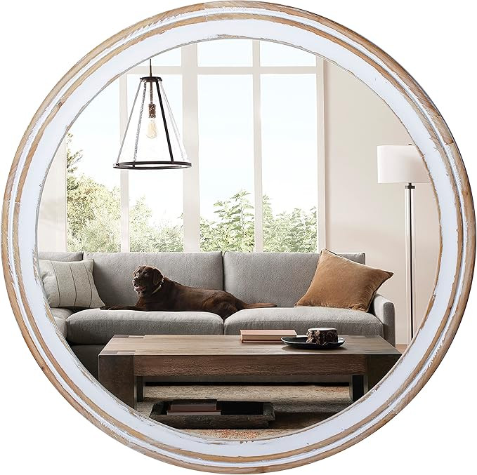 Reflinto 30 Inch Rustic Farmhouse Wooden Round Mirrors for Wall Decor, Washwhite Circle Decorativ... | Amazon (US)