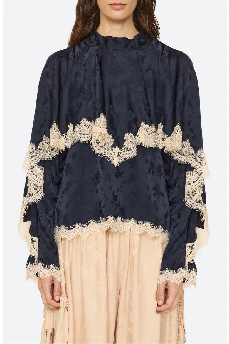 Sea NY Shay Floral Jacquard Lace Top in Navy at Nordstrom, Size Xx-Small | Nordstrom