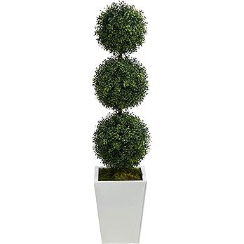 Nearly Natural 46in. Boxwood Triple Ball Topiary Artificial Tree in White Metal Planter (Indoor/O... | Amazon (US)