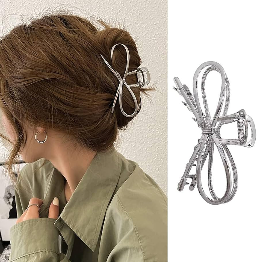 1Pcs Metal Silver Bow Hair Claw Clips - Large Fashion Hair Accessories for Women Girls, Strong Ho... | Amazon (US)