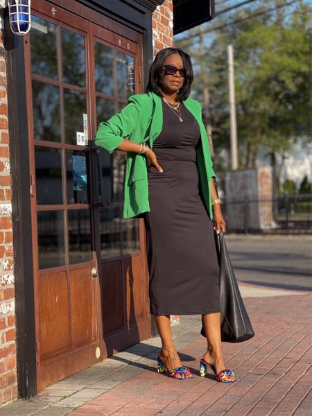 Black 2 piece skirt set w/green blazer & multicolor leopard mules👡

#LTKStyleTip