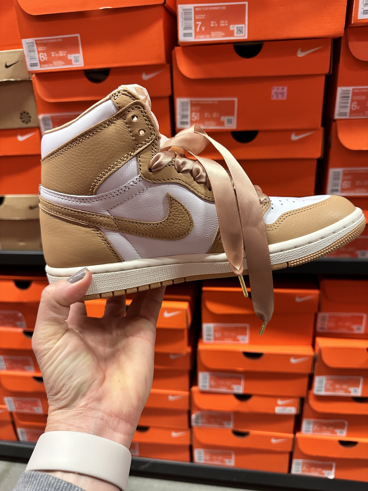 Just bought these! Jordan 1’s are super comfy and I LOVE the ribbon lace. They also come with regular laces too. The neutral color makes these wearable with any outfit. I bought them for $160 at the outlet and just found them on sale at revolve for $120! I sized up a half size. 