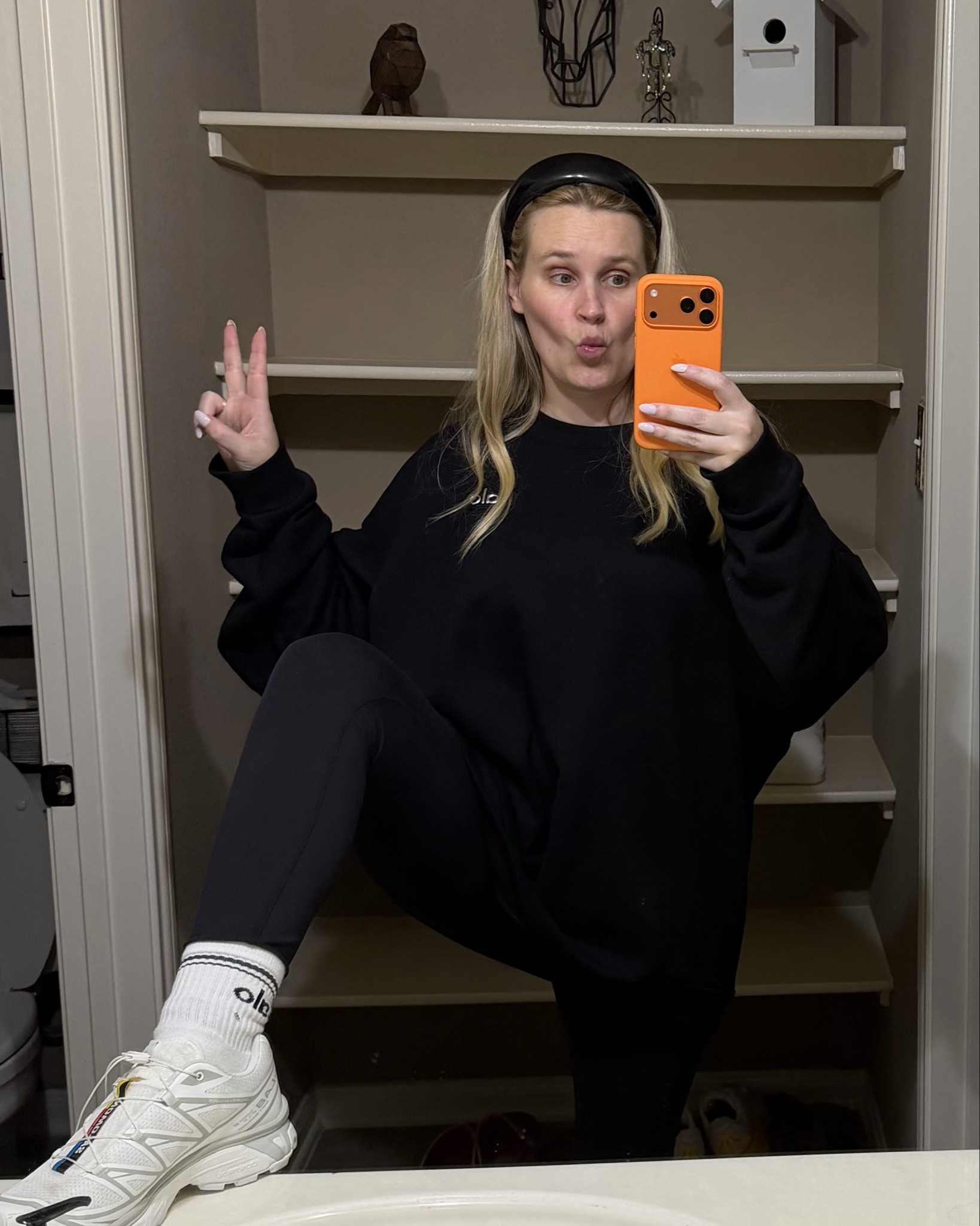 Alo, crewneck, salomon sneakers, headband, leggings 

#LTKootd
