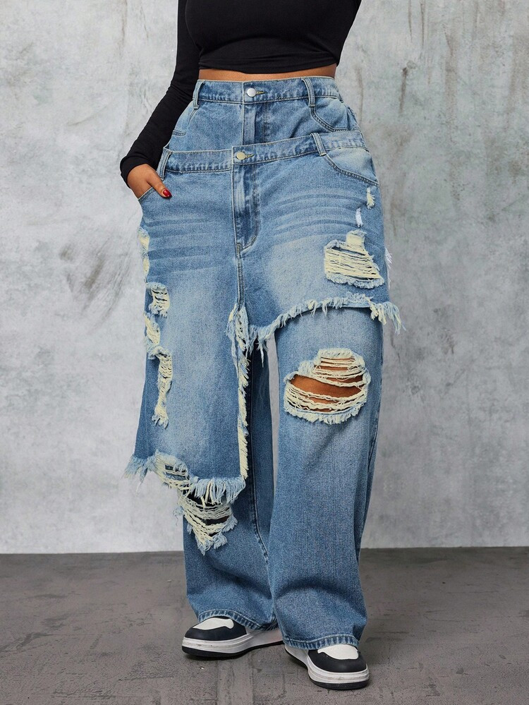 Slaydiva Plus Size Double Waistband Distressed Frayed Hem Streetwear Jeans | SHEIN