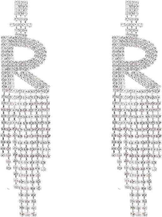 Initial Rhinestone Earrings Sparkle Alphabet Dangle Drop Earrings Clear Crystal Tassel Chandelier... | Amazon (US)
