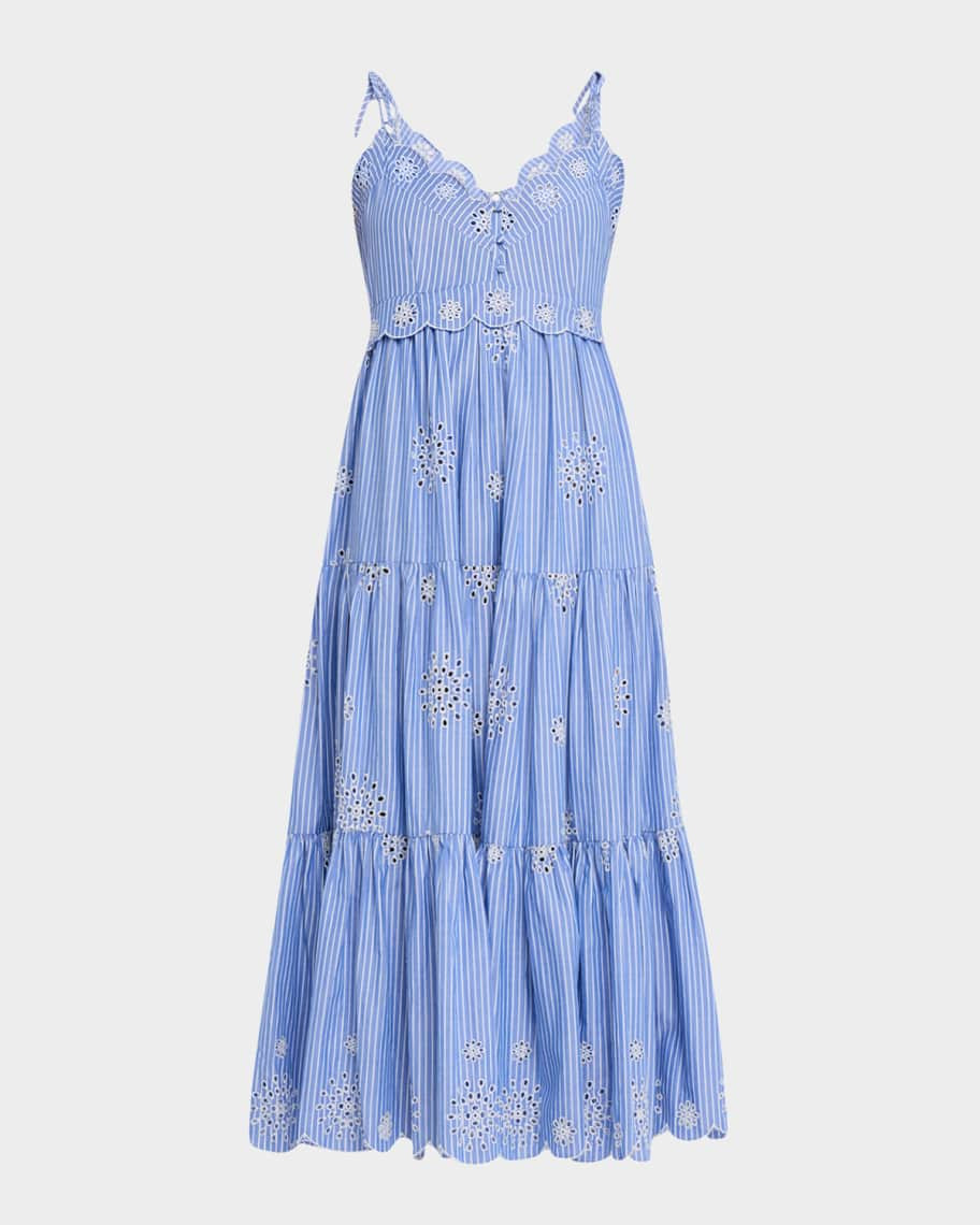 Cinq a Sept Darcey Pinstripe Embroidered Sleeveless Midi Dress | Neiman Marcus