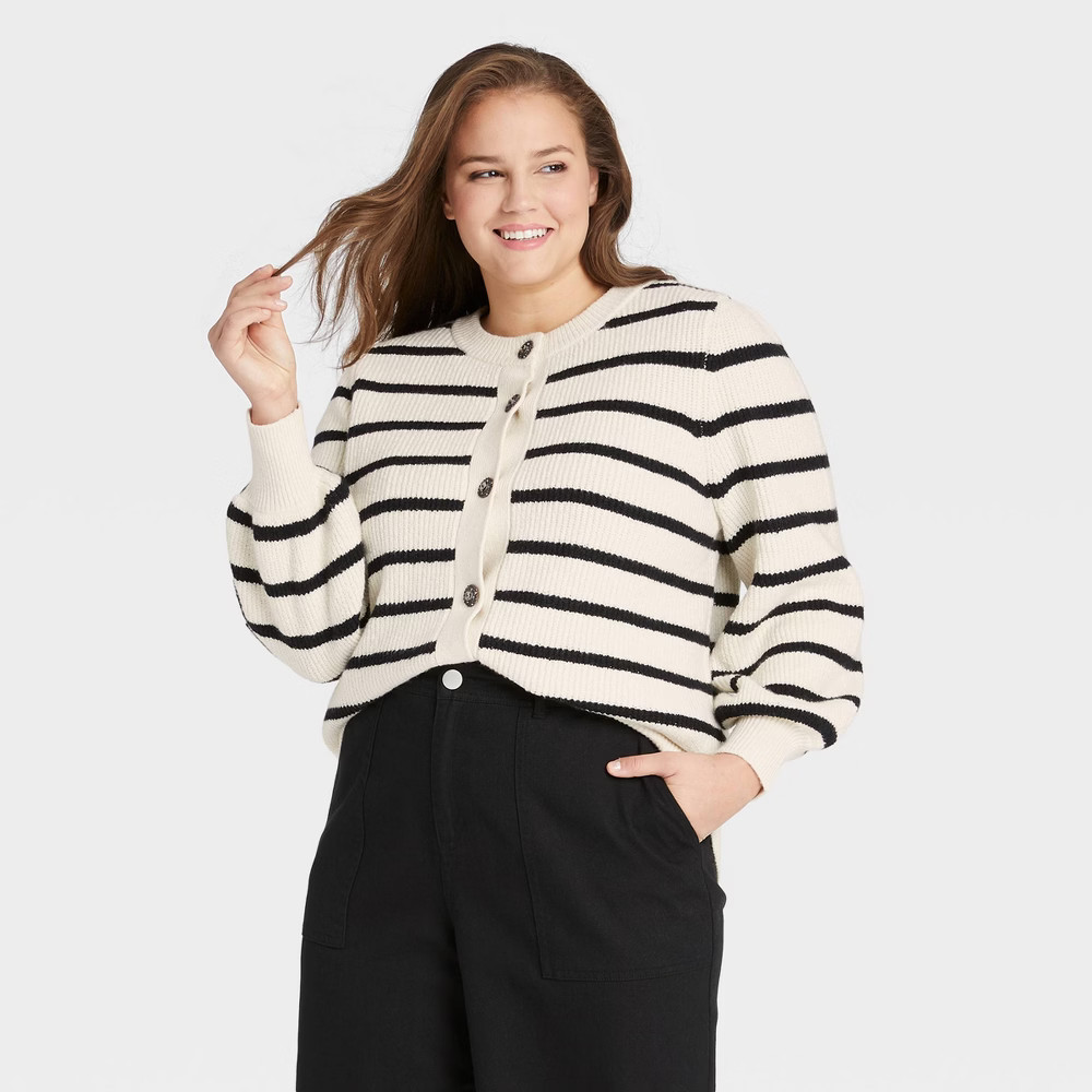 Women's Plus Size Cardigan - Who What Wear Cream Striped 1X, Ivory Striped | Target