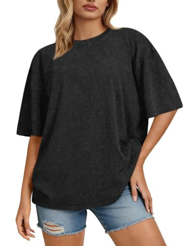 rosemia Oversized Tshirts for Women Acid Wash Short Sleeve Cotton Shirts Vintage Baggy Tops, Plain Black, L | Amazon (US)