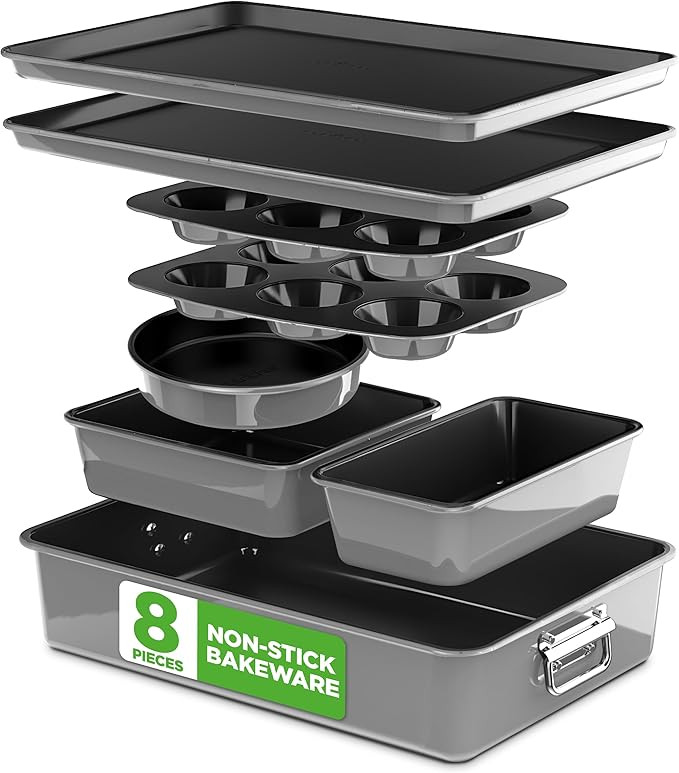 NutriChef 8-Piece Nonstick Stackable Bakeware Set - PFOA, PFOS, PTFE Free Baking Pans Set w/Non-S... | Amazon (US)
