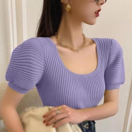 Clearance Sales Women s T-Shirt Fashion Square Collar Short Sleeve Knitted Slim Pullover T-Shirt Puf | Walmart (US)