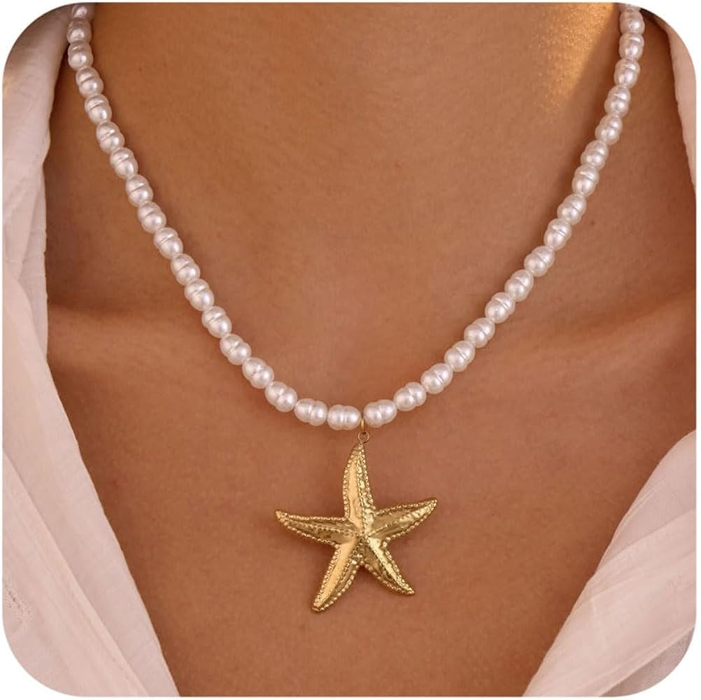 Gold Pearl Necklace for Women Trend Boho Starfish Shell Moon Sun Charm Pendant Pearl Choker Neckl... | Amazon (US)