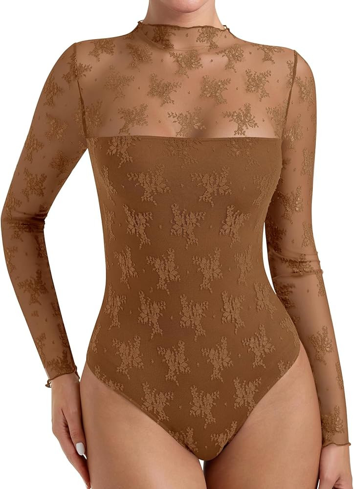 PINKMSTYLE Women's Long Sleeve Lace Bodysuit High Neck Sexy Tops for Going Out, Concert, Date Nig... | Amazon (US)