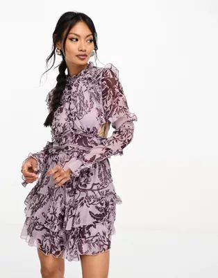 ASOS DESIGN frill mini dress with button detail in dusty purple toile du jouy | ASOS (Global)