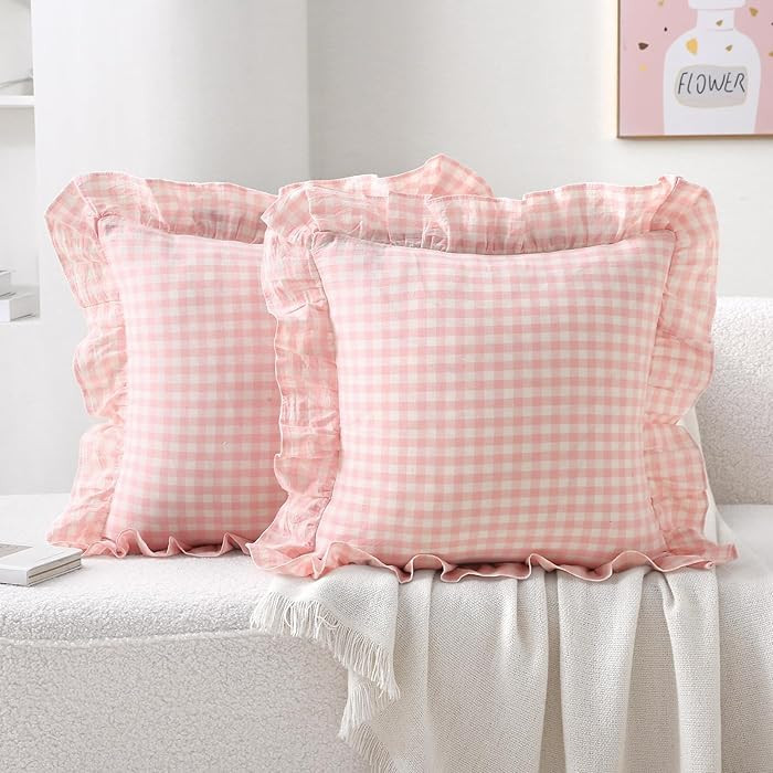 2 Pack Blush White Plaid Ruffle Gingham Throw Pillow Covers, 100% Washed Cotton Checkered Farmhou... | Amazon (US)