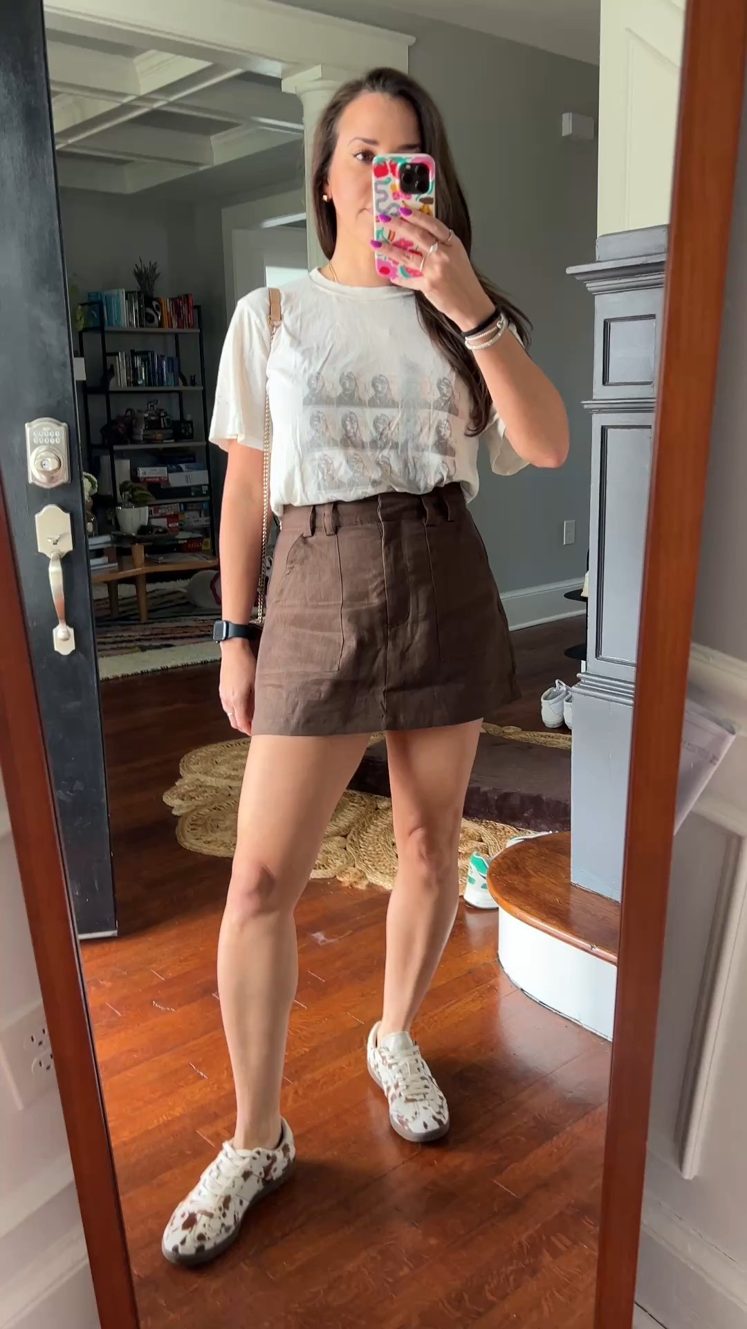 Linen. Skort. Brown skirt. Cow print. Cow print shoes. Casual. Outfit. 

#LTKWatchNow #LTKFindsUnder100 #LTKStyleTip