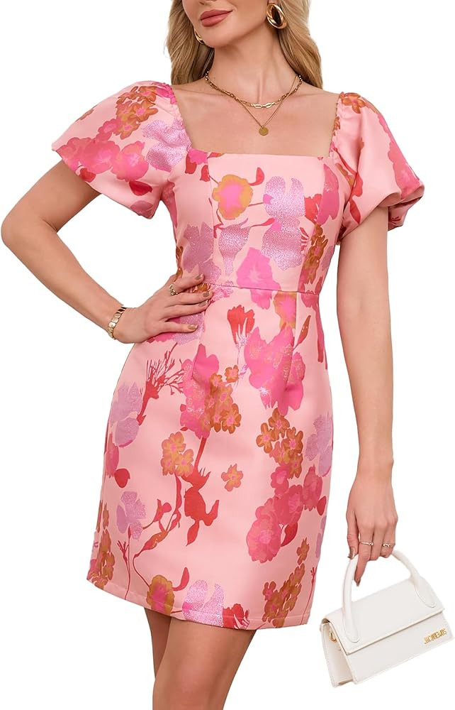 Ladyful Women's Jacquard Mini Dress Floral Short Puff Sleeve Square Neck Bodycon A-line Party Sho... | Amazon (US)