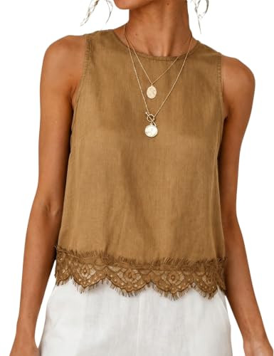 Womens Lace Hem Linen Tank Top Round Neck Sleeveless Solid Color Relaxed Fit Blouses Summer Casua... | Amazon (US)