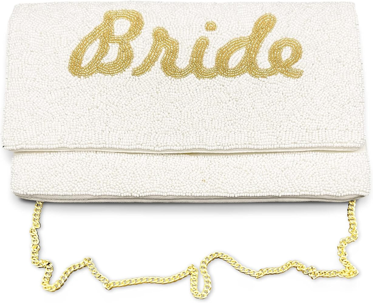 Bride Clutch Purse Bridal Shower Gift for Bride White Purse with Gold Letters- THE BEADED LILY,Wh... | Amazon (US)