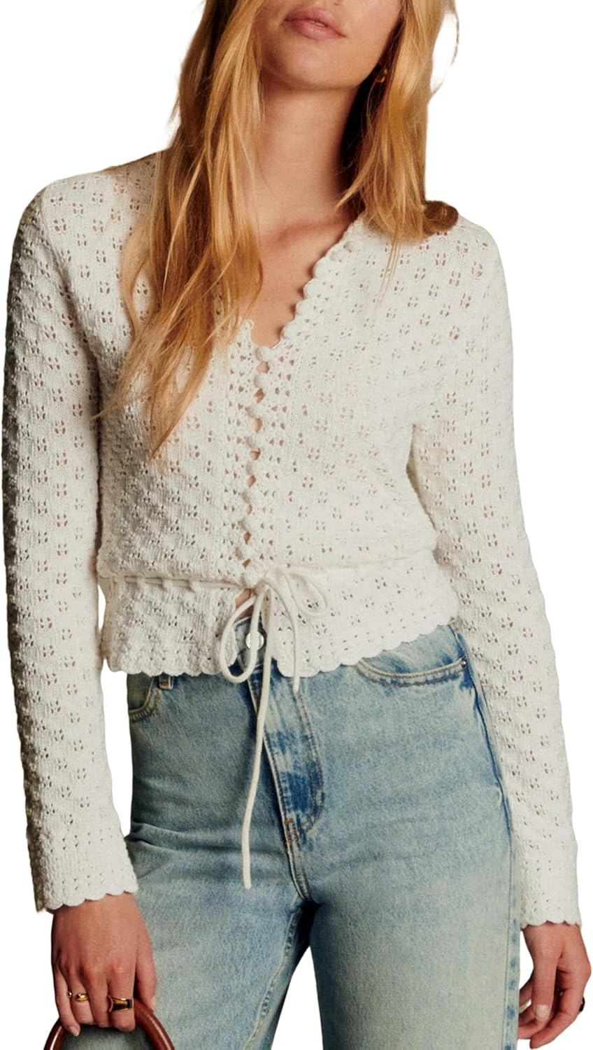 Bianstore Womens Casual Long Sleeve Crewneck Crochet Cardigan Lightweight Hollow Out Tie Front Knit Sweater Tops | Amazon (US)