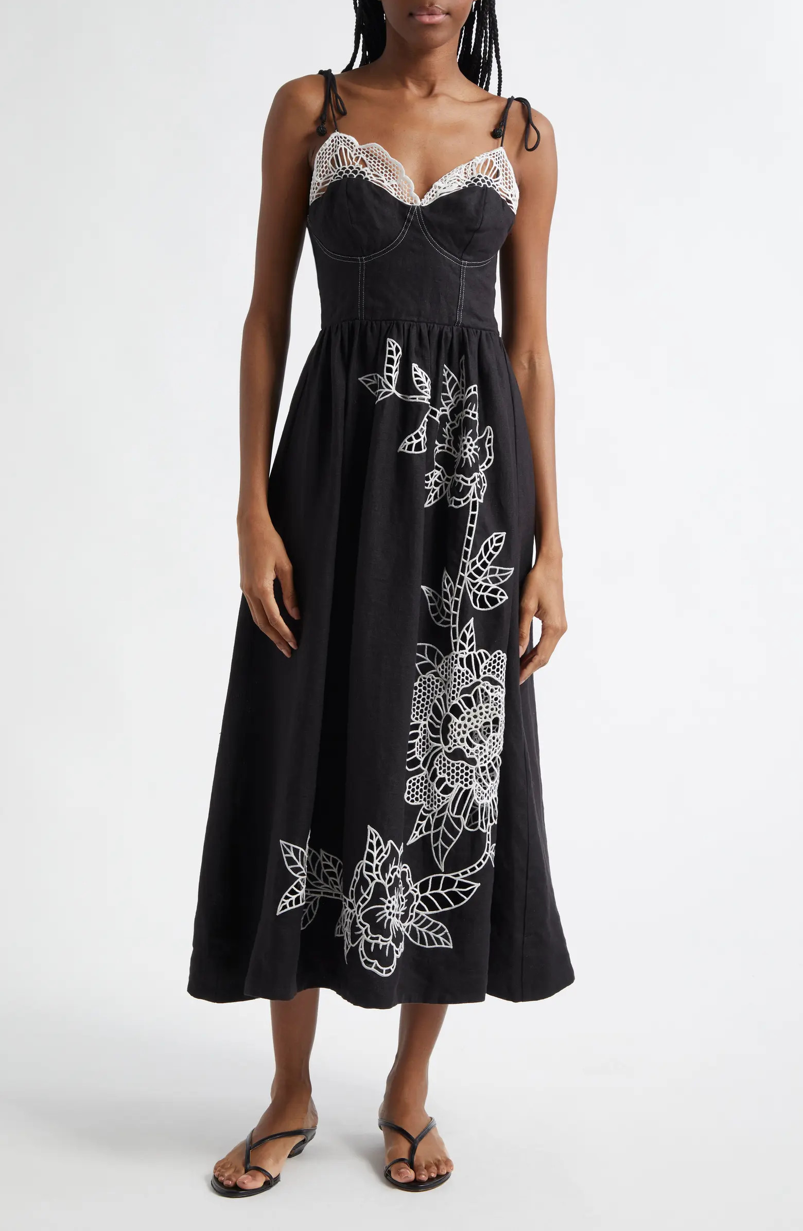 FARM Rio Richelieu Crochet Lace Linen Midi Sundress | Nordstrom | Nordstrom